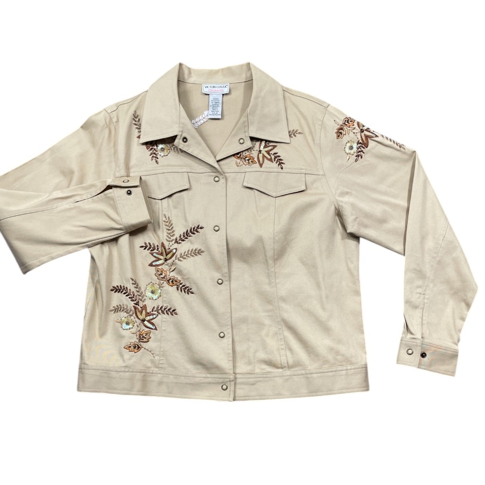 Victor‎ Costa Occasions Medium Beaded Tan Snap Front Jacket Long Sleeve Pockets